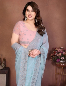 Sari de Rayón Georgette con Adornos al Estilo Bollywood KV para Fiesta, Sin Arrugas y Reversible, para Otoño - Product Image 1