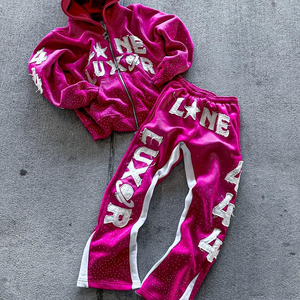 Survêtements amples style streetwear vintage personnalisés avec fermeture éclair, pantalon évasé respirant, broderie et effet délavé vieilli - Product Image 1