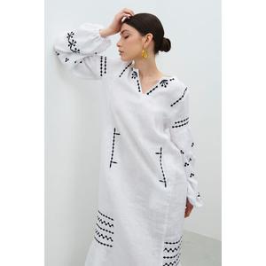 Vestido largo de lino blanco bordado para mujer, ecológico, con cintura natural, estilo étnico minimalista, maxi Kurti de manga larga, al por mayor - Product Image 2