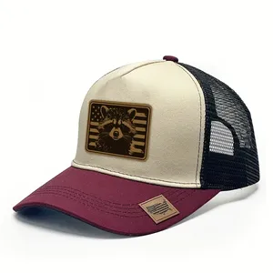 Unisex Raccoon Leather Patch American Flag Trucker <b>Hat</b> Breathable Mesh Back Baseball <b>Cap</b> Outdoor Hunting Sun Shade - Product Image 4