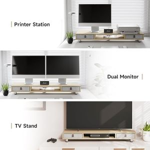 Support double moniteur en bois avec 2 tiroirs, rehausseur de bureau réglable en hauteur pour utilisation informatique au bureau - Product Image 5