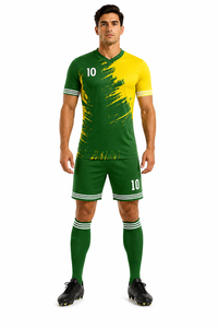 Ensemble short et maillot de football sublimé vert et jaune, col en V, manches courtes, respirant, polyester, coupe athlétique pour homme, toutes saisons - Product Image 4