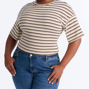 Camiseta de Manga Corta con Cuello Redondo y Rayas para Mujer, Corte Regular, Tejido de Algodón, Informal, con Lazo en la Espalda, para Verano - Product Image 3