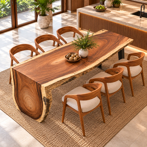Custom Crafted Solid Suar <b>Wood</b> <b>Rustic</b> Waterfall Arvana <b>Dining</b> <b>Table</b> with Natural Edge Top and Statement Base for B2B Bulk Buyers - Product Image 6