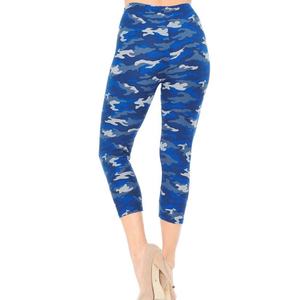High Waist Blue Camouflage Print <b>Capri</b> <b>Leggings</b> Stretch Knitted Women's Casual All Seasons Style - Product Image 4