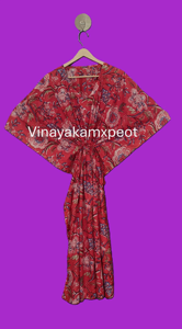 Handcrafted Red Floral Printed Cotton <b>Kaftan</b> Women Elegant V-Neck <b>Summer</b> Loungewear Breathable Bohemian Midi High Waist - Product Image 5