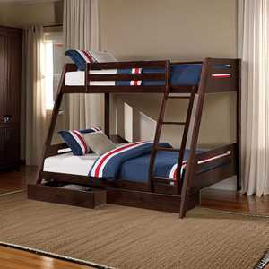 Cama litera doble sobre matrimonial de madera maciza de pino, diseño tradicional color marrón espresso TNT, duradera, con escalera y 2 cajones, de Binh Duong. - Product Image 1