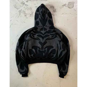 เสื้อฮู้ดดี้พิมพ์ลายนูนสีดำแบบกำหนดเอง ทรงโอเวอร์ไซส์ สไตล์สตรีทแวร์ แบบครอป ผ้าฝ้ายฟลีซ 100% รับผลิตตามสั่ง ขายส่ง - Product Image 5