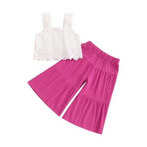 Conjunto de 2 Piezas para Bebés y Niñas Pequeñas, Top sin Mangas con Encaje y Pantalones Anchos Casuales con Elástico, Ropa Transpirable de Color Sólido - Product Image 4