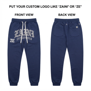 320 GSM Cotton Polyester Fleece <b>Men</b> <b>Jogger</b> Pant <b>Navy</b> Blue Chenille Embroidery Woven Label Custom Logo OEM ODM - Product Image 1