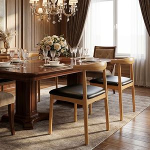 Chaise de salle à manger classique en bois de caoutchouc avec siège rembourré en cuir PU, chaise d'appoint moderne en bois pour restaurant, hôtel et café - Product Image 4