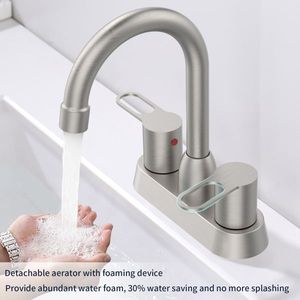 Rubinetto per Lavabo Bagno in Acciaio Inox 304 con 2 Maniglie, Finitura Nichel Spazzolato, Rubinetti RV con Finitura Oro per 3 Fori - Product Image 4