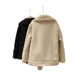 Women's Finished Faux Shearling Biker <b>Jacket</b> Solid Windproof Breathable Thin Zipper Closure Winter Warm <b>Suede</b> Coat ODM Wholesale - Product Image 2