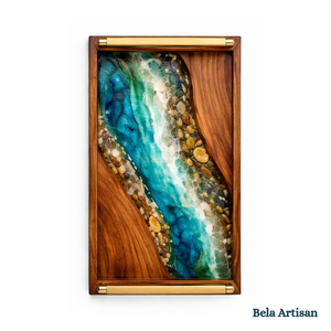 ถาดเสิร์ฟไม้เรซิ่นลายแม่น้ำสุดหรูจาก Bela Artisan พร้อมหูจับโลหะ ทำด้วยมือ สำหรับห้องครัว ห้องอาหาร โรงแรม งานแต่งงาน รอมฎอน ดิวาลี - Product Image 3
