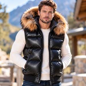 Men's Breathable Leather Puffer <b>Vest</b> with Fox Fur Hood | Genuine Leather Shell Windproof Autumn Outerwear - Product Image 1