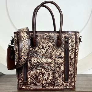 Vente en gros de sac fourre-tout en cuir à motif floral de grande capacité personnalisé outillé à la main sacs à main de haute qualité à la mode sac à bandoulière de luxe pour femmes - Product Image 5