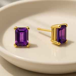 Pendientes de Plata de Ley 925 con Rodio y Baño de Oro de 14K, Amatista Tallada en Esmeralda, Joyería Hecha a Mano, Regalo para Mujer, Fiesta - Product Image 6