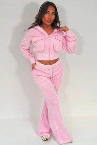 Survêtements pour femmes très demandés, comprenant des sweats à capuche courts à fermeture éclair et des pantalons évasés longs, effet délavé à l'acide - Product Image 5