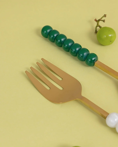Ensemble de service à salade en métal plaqué or avec poignée en perles de résine verte, finition brillante, vaisselle de table, service alimentaire, serveur à salade - Product Image 5