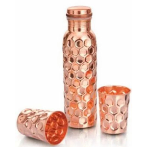 100% Pure Copper <b>Water</b> Bottle Set Premium Diamond Cut Honeycomb Design 1000ml Leak-Proof Handmade Drinkware With <b>Glasses</b> Set - Product Image 1