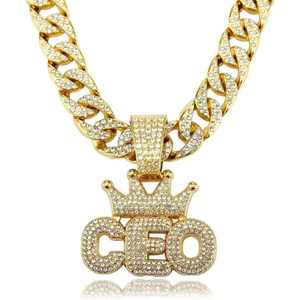 Hip Hop CEO Crown Pendant Necklace <b>Iced</b> <b>Out</b> Rhinestone Cuban <b>Chain</b> Gold Plated Unisex Jewelry Gift - Product Image 3