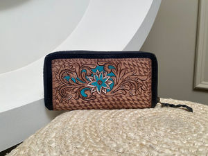 Portefeuille fleur Turquoise en cuir repoussé à la main élégant en cuir véritable fermeture éclair Continental sac à main Western portefeuille porte-cartes cadeaux pour elle - Product Image 3