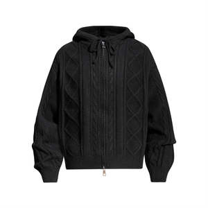 Men's Knitted <b>Hoodie</b> Solid <b>Black</b> <b>Zipper</b> Front Anti-Pilling Winter Wear Regular Fit Long Sleeve 100% Cotton Waterproof Windproof - Product Image 1