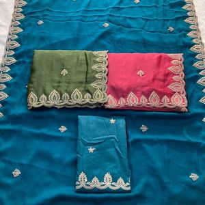 Hermoso Sari de Chifón con Bordado y Borde de Encaje, con Blusa de Diseñador, Precio al por Mayor por Royal Export - Product Image 5