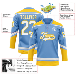 เสื้อฮอกกี้น้ำแข็งผู้ชายแบบกำหนดเอง สีฟ้าอ่อน-เหลือง พิมพ์ลายแบบซับลิเมชั่น คอวี แขนสามส่วน ผ้าโพลีเอสเตอร์ระบายอากาศได้ดี - Product Image 3