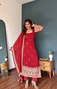 <b>Red</b> Embroidered Chiffon Dupatta Traditional Indian Pakistani Women Wedding Engagement <b>Scarf</b> Floor-Length Ethnic Wear - Product Image 3
