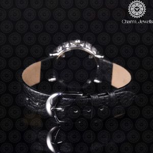 Montre de luxe pour femme Charm_Jewells en acier inoxydable, boîtier rond de 30 mm, mouvement à quartz analogique, accents de diamants, bracelet en cuir - Product Image 4
