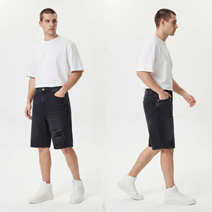 Shorts en jean déchirés noirs délavés pour hommes, style décontracté d'été, avec boutons à la taille - Product Image 6