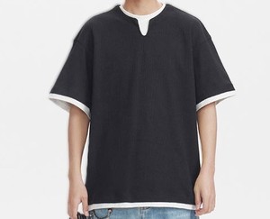เสื้อยืดผู้ชายแบบ 2-in-1 แบบมีชั้นในตัว |   เสื้อยืดโอเวอร์ไซส์ผ้าถักวาฟเฟิลสีดำ |   เสื้อผ้าแนวสตรีทสไตล์เมือง แขนสั้น ระบายอากาศได้ดี - Product Image 2