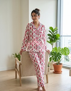 Handcrafted Indian Cotton Summer Pajama Set Button-<b>Down</b> Long-Sleeved Top Elasticated High-Waist Trousers Quick Dry Breathable - Product Image 4