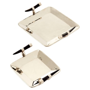 Plateau de service carré moderne en aluminium argenté, plateau décoratif de luxe en métal avec poignée en fausse corne pour la décoration de la maison - Product Image 5