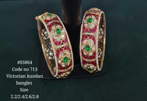 05864Victorian Kundan Bangle Set Gold Plated Enamel <b>Bracelets</b> Pink <b>Ruby</b> l Floral Wedding Jewelry for Women - Product Image 2