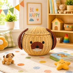 Cesta de Almacenamiento Hecha a Mano con Forma de Perro de Ratán con Tapa, Cesta Organizadora de Juguetes Tejida Decorativa para Habitación Infantil, Guardería, Decoración del Hogar - Product Image 1