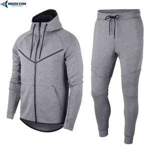 Men's Gray Hooded Fleece Tracksuit Full Sleeve Solid Color Breathable Polyester Lightweight Casual Sporty Autumn Wear Loose Fit - Product Image 3