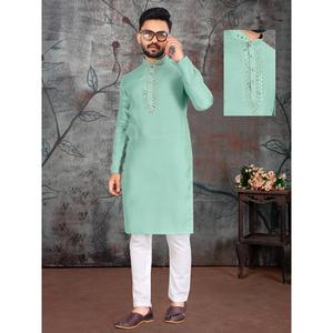 COLLECTION OCCASION SPÉCIALE TISSU DE SOIE AVEC MIROIR D'ORIGINE TRAVAIL SUR LE COU KURTA + PYJAMA PISTA - Product Image 1