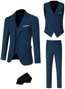 Traje de 3 Piezas para Hombre, Azul Marino, Estilo Británico, Antiarrugas, Blazer, Chaleco y Pantalones, Cuello de Solapa, Cierre de un Botón, Formal de Negocios - Product Image 5