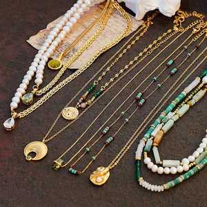 Boho Layered Necklace Green Stone 925 Sterling Silver 14K Gold Plated <b>Beaded</b> Gold Charm Pearl Turquoise Necklace - Product Image 6