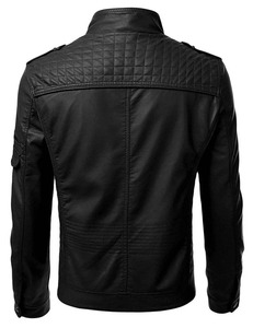 Blouson de moto en cuir PU noir pour homme, col montant, fermeture éclair, coupe ajustée, style motard, pour l'automne - Product Image 2