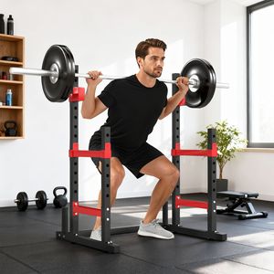 Soporte Ajustable Rojo Multifuncional para Sentadillas y Press de Banca, Capacidad de 660 lb, para Entrenamiento de Fuerza en Casa, Bancos y Soportes para Levantamiento de Pesas - Product Image 2