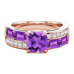 Natural 7mm Cushion & 5*3 5mm Emerald Cut Amethyst & Round Diamond Double Band Ring 14k Gold Dual Band Wedding Ring For Women - Product Image 1