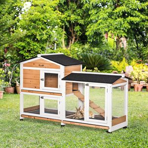 Recinto Mobile per Conigli da Interno da 62 Pollici, Gabbia per Animali di Taglia Grande con Vassoio Estraibile in Legno Giallo e Rampa in Ferro per l'Allevamento - Product Image 2