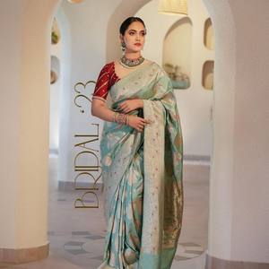 DESIGNER BANARASI SOFT SILKWITH OR ZARI TRAVAIL DE Tissage SAREE AVEC CHEMISIER INCOSÉ VERT DE MER - Product Image 1