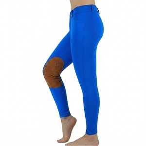 Women's Blue High Waist Riding Pants With Knee Patches Full Length Four-Way Stretch Spandex Nylon Breeches - Product Image 1