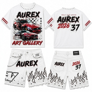 <b>Men's</b> Summer T Shirt Cropped <b>Studded</b> Streetwear Acid Wash Screen Printed T Shirt Shorts Set <b>Men's</b> Summer 100% Cotton Outfit - Product Image 1