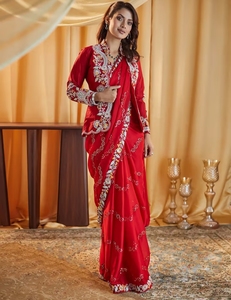 KV <b>Red</b> Embroidered Designer Saree With Unstitched <b>Blouse</b> - Product Image 2