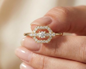 Moissanite Round Cut Hexagon Shape Halo <b>Ring</b> For Womens original 925 Silver Fine Yellow Rhodium Bridal Proposal Gift For Partner - Product Image 3
